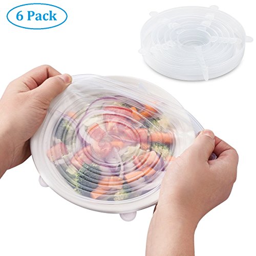 Juego de 6 tapas elásticas de silicona para almacenamiento, reutilizables y transparentes, en varios tamaños, para recipientes, cuencos y tazas