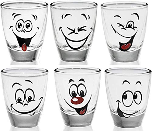 Juego de 6 vasos de chupito con caras divertidas, 2,5 cl, vasos de tequila, copas de vodka, carnaval, vasos de chupito, vasos de cristal