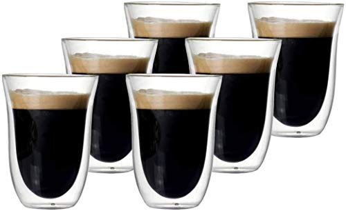 Juego de 6 Vasos de Doble Pared 300ml para Capuccino, Café con Leche, Caffe Latte, Late Machiatto, set para Té y también para bebidas frías, 6 cucharitas y 6 pajitas incluidos