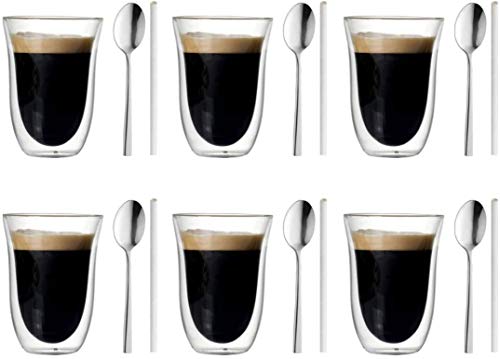 Juego de 6 Vasos de Doble Pared 300ml para Capuccino, Café con Leche, Caffe Latte, Late Machiatto, set para Té y también para bebidas frías, 6 cucharitas y 6 pajitas incluidos