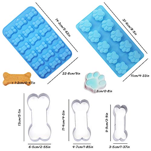 Juego de 7 moldes de silicona para patas y huesos de cachorro de perro con cortador de galletas de hueso de acero inoxidable, moldes de silicona de grado alimenticio SourceTon (rosa y azul)