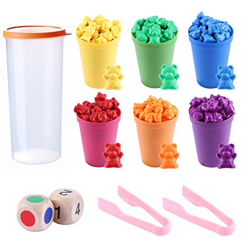 Juego de 71 ositos para contar con los colores del arcoíris, con dados, vasos para clasificar y pinzas a juego. Juego Montessori Rainbow Matching, juguetes educativos para niños pequeños de MYCeator