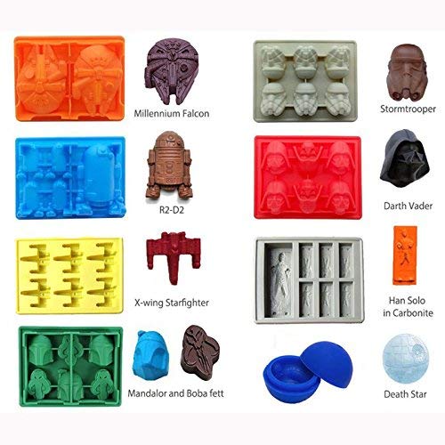 Juego de 8 bandejas de hielo de silicona de Star Wars: Stormtrooper, Darth Vader, X-Wing Fighter, Millennium Falcon, R2-D2, Han Solo, Boba Fett y Death Star Ideal para gelatina, jabón para hornear