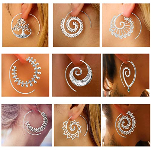 Juego de 9 pares de pendientes de aro en espiral de plata, estilo bohemio, clásico, para mujer