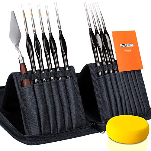 Juego de brochas de pintura para detalles, kit de pintura profesional de pinceles en miniatura Rock Ninja 9pcs con estuche portátil, mango ergonómico triangular (Negro)