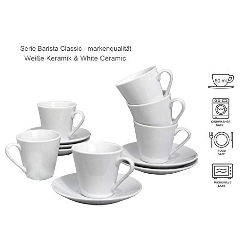 Juego de Café Barista Classic 12 Piezas 6 Tazas y 6 Platos de Porcelana Blanca. Servicio de Café para 6 Personas. Hogar y mas