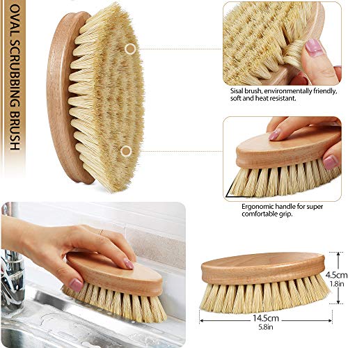 Juego de cepillos para limpieza de platos para el hogar, con asa, fregador de platos, cepillos de limpieza de madera duraderos para platos, ollas, sartenes (4 cepillos y 2 esponjas de lufa)