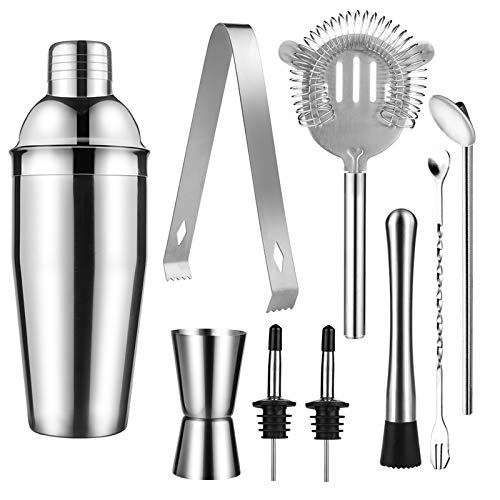 Juego de Coctelera 9pcs Herramientas de Barra de Cóctel de Acero Inoxidable, Profesional Coctelera Kit de 750ml, Cocktail Shaker Boston Set para Bar