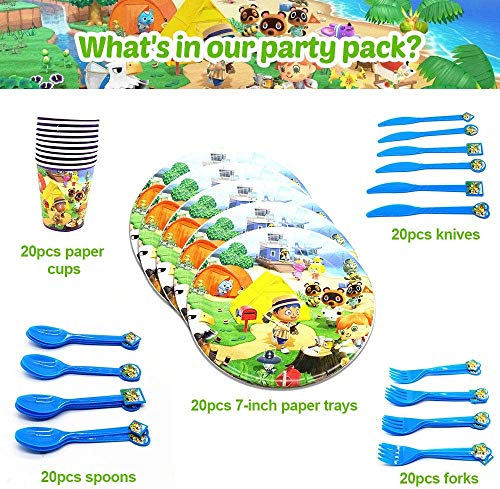 Juego de Cubiertos Desechables, Set de 82 Piezas Plato de Animal Crossing para Fiestas Incluye Pancarta Platos Cubiertos Servilletas Mantel Cucharas para Fiesta Baby Shower