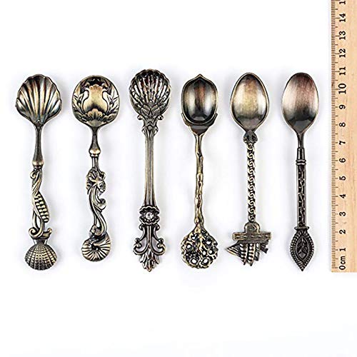 Juego de cucharas de café de postre retro, 5 piezas, estilo real, de bronce tallado para té, agitar helado, aperitivos, leche