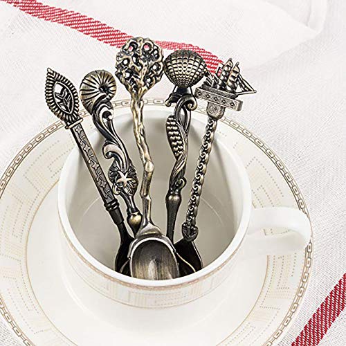 Juego de cucharas de café de postre retro, 5 piezas, estilo real, de bronce tallado para té, agitar helado, aperitivos, leche