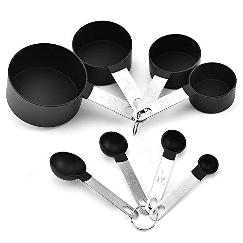 Juego de cucharas medidoras, vaso medidor de plástico y cuchara con mango de acero inoxidable, juego de 8 piezas para hornear cocina americana negro