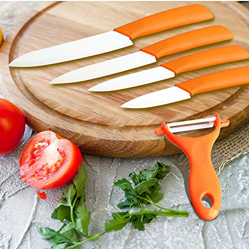 Juego de cuchillos de cerámica, cuchillo de cocina Chef, cuchillo de pan Super Sharp de cinco piezas, cuchillo para pelar frutas vegetales, resistente a la oxidación y a las manchas (naranja)