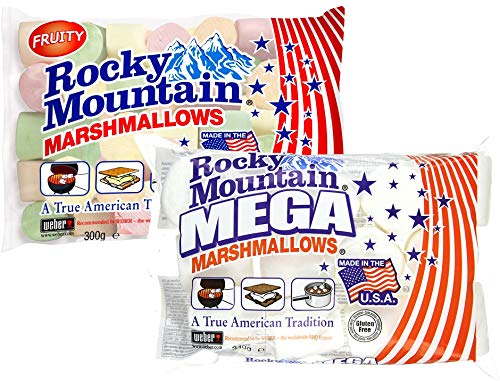 Juego de degustación de malvaviscos de las Montañas Rocosas Fruity & Mega, coloridos dulces tradicionales americanos para asar en una fogata, a la parrilla o al horno, sabor a fruta, (1x300g, 1x340g)