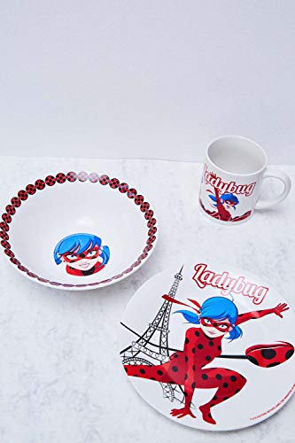 Juego de Desayuno Infantil Milagroso Ladybug de 3 Piezas Que Consta de Plato, Taza y tazón de Cereal de cerámica, lavavajillas y microondas, Ladybug en París con la Torre Eiffel