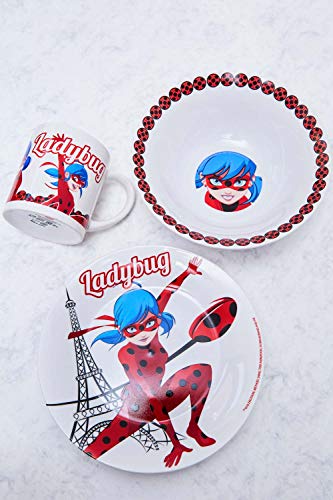 Juego de Desayuno Infantil Milagroso Ladybug de 3 Piezas Que Consta de Plato, Taza y tazón de Cereal de cerámica, lavavajillas y microondas, Ladybug en París con la Torre Eiffel