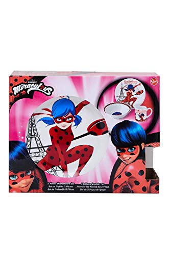 Juego de Desayuno Infantil Milagroso Ladybug de 3 Piezas Que Consta de Plato, Taza y tazón de Cereal de cerámica, lavavajillas y microondas, Ladybug en París con la Torre Eiffel