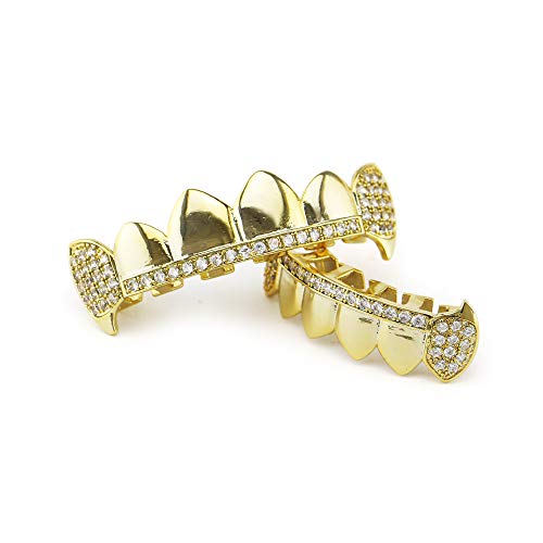 Juego de dientes con diseño de cruz chapada en oro con diamantes de imitación, excelente corte para todos los tipos de dientes, juego de parrilla superior e inferior, Hip Hop Bling Grillz