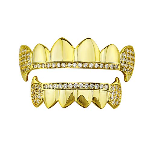 Juego de dientes con diseño de cruz chapada en oro con diamantes de imitación, excelente corte para todos los tipos de dientes, juego de parrilla superior e inferior, Hip Hop Bling Grillz