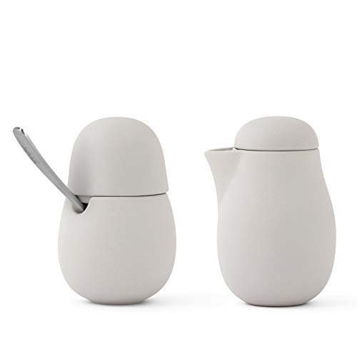 Juego de diseño azucarero y jarrita de leche para café y te porcelana con cucharilla de acero inox, 2 pzas, beige