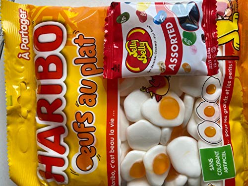 Juego de dulces juego de Haribo Oeufs au Plat y un paquete de prueba de Jelly Belly Beans con 10 g