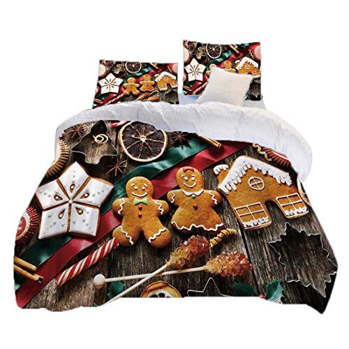 Juego de funda nórdica (150 x 200 cm) con 2 fundas de almohada Hombre de jengibre Ropa de cama con impresión digital Deliciosas galletas caseras Frutas secas y herramientas de panadería Festivo Rústic