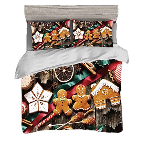 Juego de funda nórdica (150 x 200 cm) con 2 fundas de almohada Hombre de jengibre Ropa de cama con impresión digital Deliciosas galletas caseras Frutas secas y herramientas de panadería Festivo Rústic