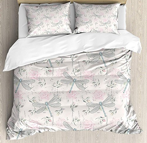 Juego de funda nórdica Dragonfly 3 PCS, Shabby Chic Roses Mist en fondo vintage con estampado de polilla, juego de cama para niños / adolescentes / adultos / colcha para niños, rosa pálido gris claro