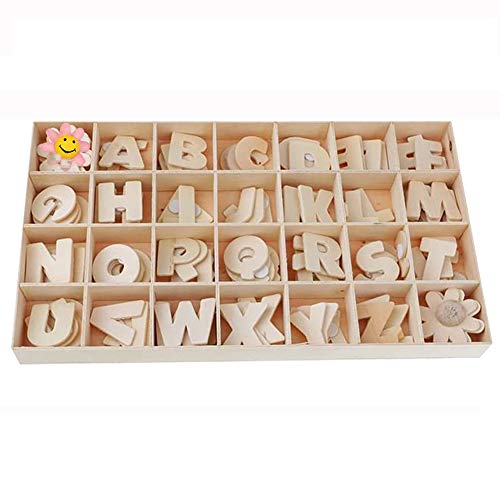 Juego de letras y flores de madera de 112 piezas, letras mayúsculas de madera pequeñas con bandeja de almacenamiento, letras de madera para manualidades, madera natural suave para manualidades, decora