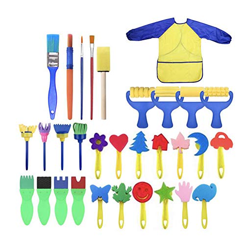 Juego de Pinceles de Pintura de Esponja para niños, Kit de Pinceles de patrón de 31 Piezas para niños Que pintan Doodle Doodle de Aprendizaje temprano, Delantal Impermeable de Manga Larga