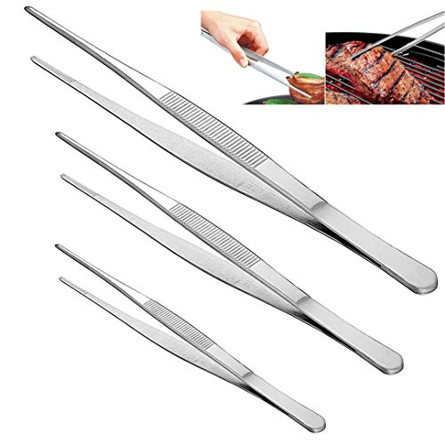 Juego de pinzas de cocina de acero inoxidable de 3 piezas, puntas serradas de precisión largas y rectas Pinzas para barbacoa de mariscos, longitudes: 12"10" y 8"