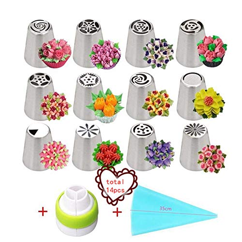 Juego de puntas de tuberías rusas 14 piezas Kit de suministros para decoración de pasteles Puntas de formación de hielo Boquillas de formación de hielo Suministros para hornear