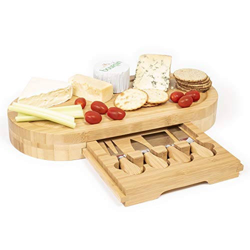 Juego de tablas de queso ovalada de madera grande con ranura y cajón integrado y 4 cuchillos de queso, 41 x 20 x 5 cm