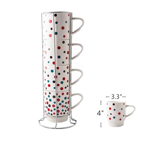 Juego de tazas de porcelana – Juego de tazas apilables de 325 ml con soporte de cromo para café, té, cacao
