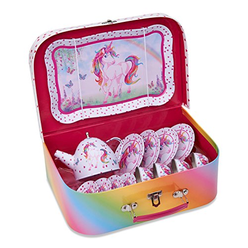 Juego de té de juguete en maletín de color rosa con unicornio mágico de Lucy Locket - Vajilla infantil de estaño de 14 piezas