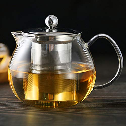 Juego de tetera de cristal transparente con infusores de acero inoxidable 304 para té suelto y 4 tazas de té y una bandeja de vidrio de borosilicato resistente al calor, perfecto para té y café