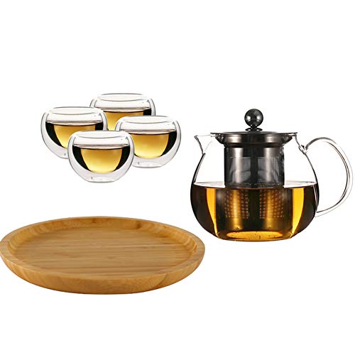 Juego de tetera de cristal transparente con infusores de acero inoxidable 304 para té suelto y 4 tazas de té y una bandeja de vidrio de borosilicato resistente al calor, perfecto para té y café