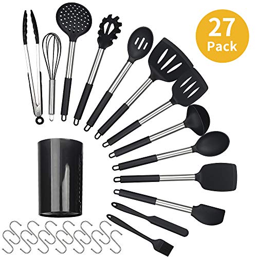 Juego de Utensilios de Cocina Silicona 27 uds Utensilios de Cocina de Cocina Antiadherentes Resistentes al Calor Herramientas antiadherentes para Hornear en la Cocina 14 Juegos y 13 Ganchos S Negro