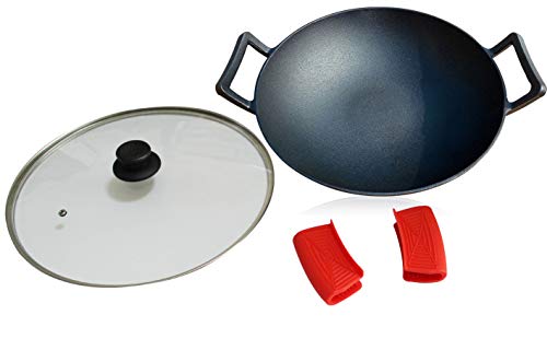 Juego de wok de hierro fundido de 14 pulgadas (pre-sazonado), tapa de vidrio y soportes de silicona para manijas calientes