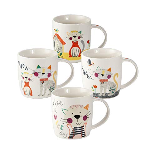 Juego Tazas de Café, Tazas Desayuno Originales de Té Café, Porcelana con Diseño de Lindo Gato, 4 Piezas - Regalos para Amantes de los Gatos Mujeres y Hombres