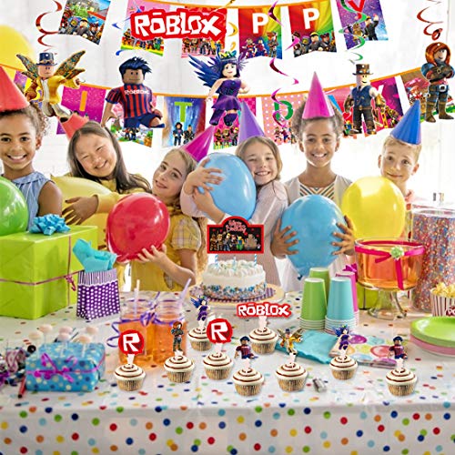 Juego temático Party Supplies Roblox Favor de fiesta Roblox Colgando remolinos Decoraciones Feliz Bithday Banner Giratorios Glitter Foil Techo Streamers Gamer Cumpleaños Decoración