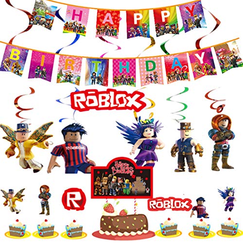 Juego temático Party Supplies Roblox Favor de fiesta Roblox Colgando remolinos Decoraciones Feliz Bithday Banner Giratorios Glitter Foil Techo Streamers Gamer Cumpleaños Decoración