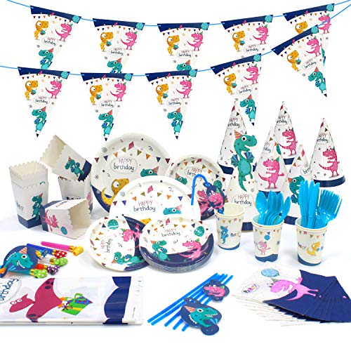 Juego Vajilla Desechable Fiesta Dinosaurios 81 Paquetes, PTN Juego Vajilla con Pancarta, Platos Papel Desechables, Tazas, Servilletas, Pajitas, Mantel Plástico, Cajas Palomitas Maíz para 6 Personas