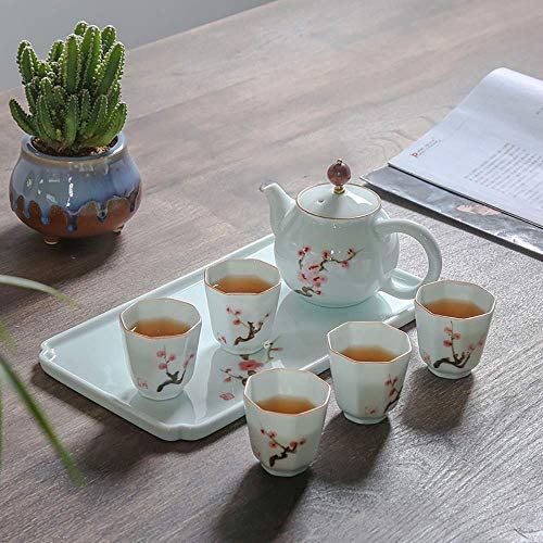 Juegos de té Juego de té de Porcelana de Utilidad Pintado a Mano Patrón de Flor de Ciruelo Resistente al Desgaste Diseño Octogonal Duradero Taza Juego de Viaje Creativo y Delicado para el hogar