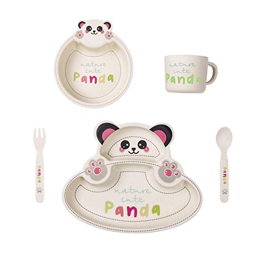 Juegos de Vajilla para Niños, Set Plato Y Bol Bebé,Cubiertos Infantile Bambú Sin BPA, 5pcs Set De Vajilla (Plato Compartimento,Bol,Taza, Tenedor,Cuchara),Mejor Regalos Para Bebe, Forma de Panda