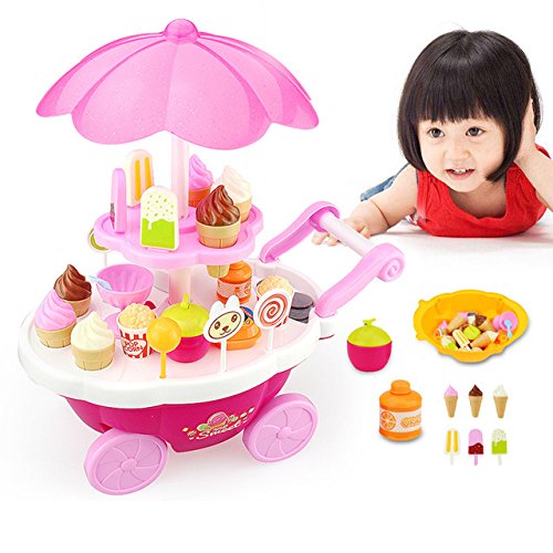 Juguete para niños Ice Cream Trolley, Juega House Toy, Juego de simulación Toy Set, Juguete de rol de niños, Mini Trolley Shop Toy con luz y música