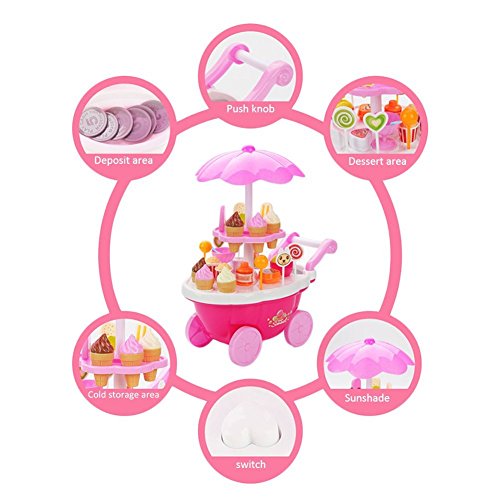 Juguete para niños Ice Cream Trolley, Juega House Toy, Juego de simulación Toy Set, Juguete de rol de niños, Mini Trolley Shop Toy con luz y música