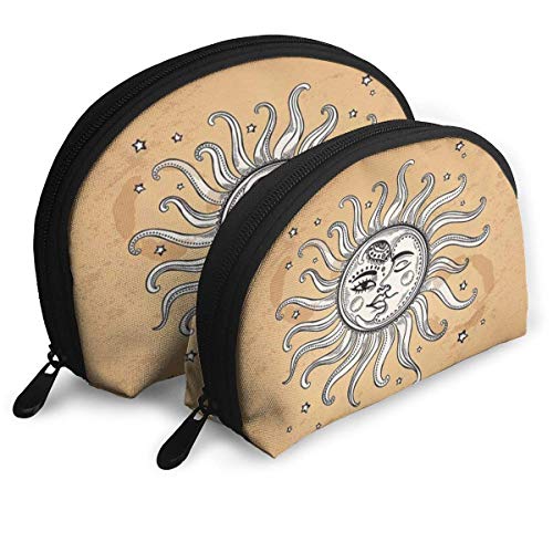 JUKIL Bolsa de cosméticos con Forma de Concha Cuerpos celestiales con Caras Oriental Vintage Doodle Style Espiritual Étnico Bolsas portátiles Bolsa de Embrague Bolsa de Almacenamiento Organizador de