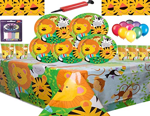 Jungle Animal Party Supplies Vajilla para 16 niños Fiesta de cumpleaños-16 Platos 16 Tazas 16 servilletas 1 Mantel con Globos Gratis Velas Bomba de Globo