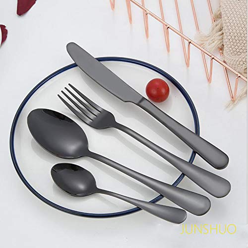 JUNSHUO 4 Piezas Set de Cubiertos Utensilios Cuchillería Conjunto utensilio Acero Inoxidable Cuchara Cuchillo Tenedor Postres Acero Cucharilla Comida Occidental (Negro Brillante)